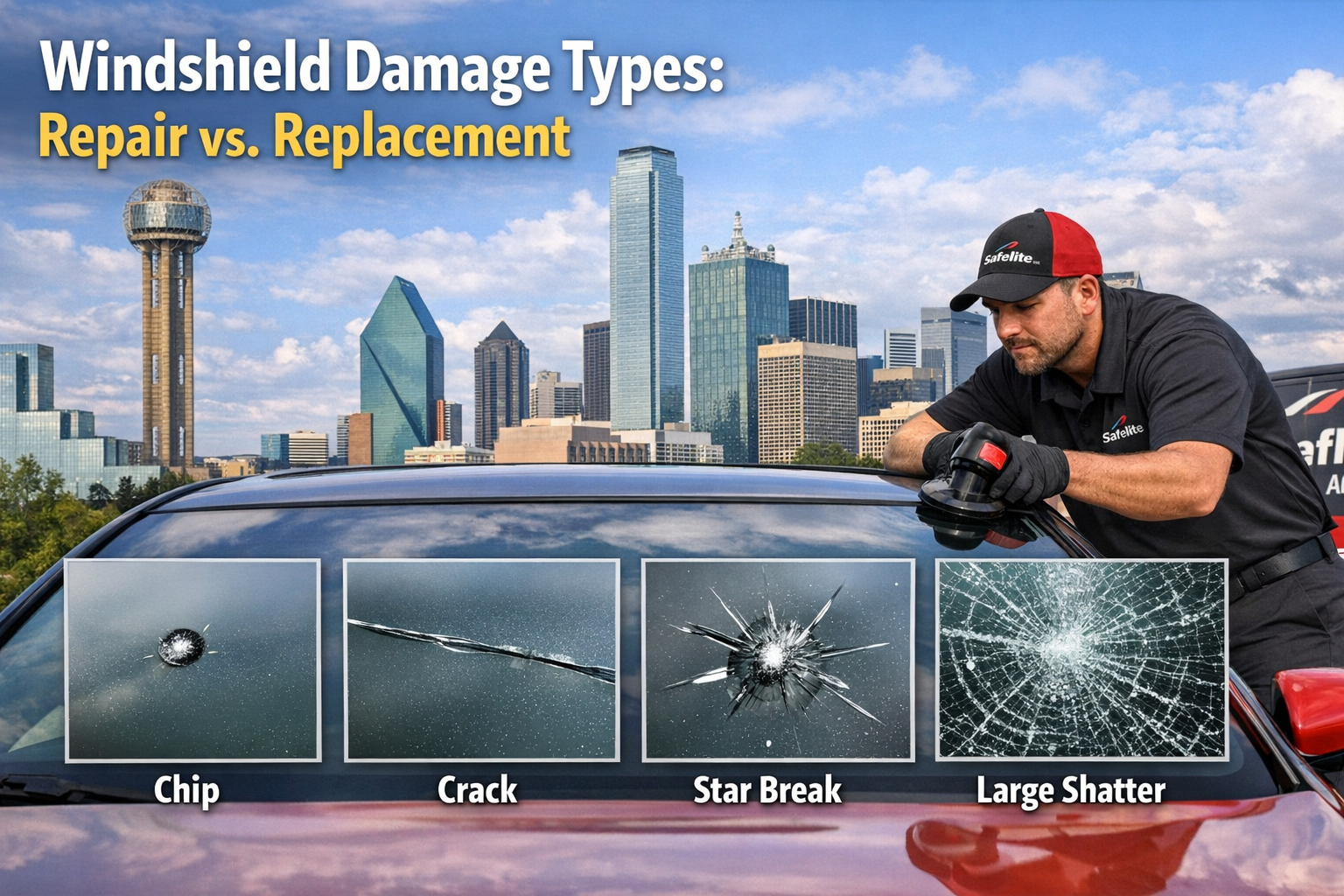 Windshield damage types: Repair vs. replacement info. Dallas, TX. Safelite AutoGlass.