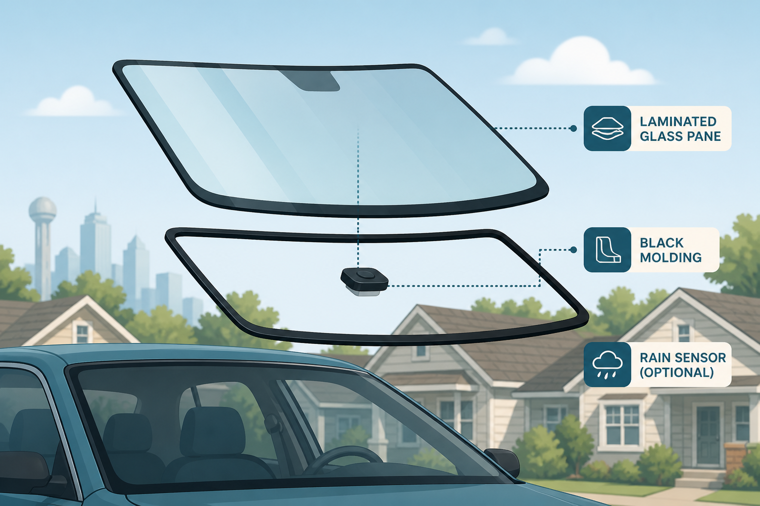 Exploded diagram of older compact-car windshield parts including glass, molding, and optional rain sensor for a Dallas TX Accent replacement.