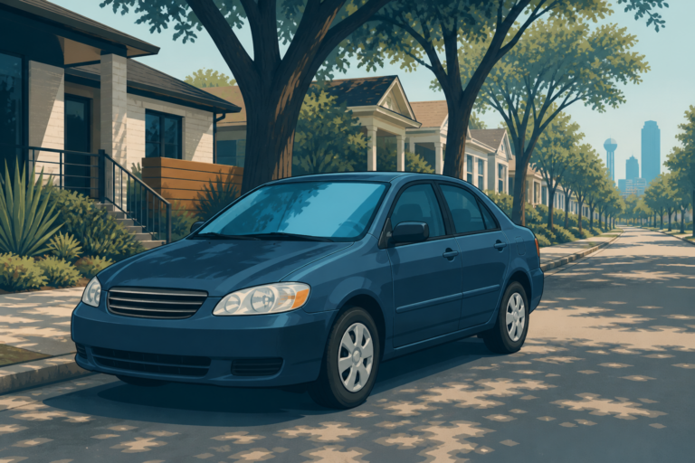 Illustrated 2006-era compact sedan on an East Dallas street with the windshield highlighted, for 2006 Hyundai Accent replacement cost in Dallas TX.