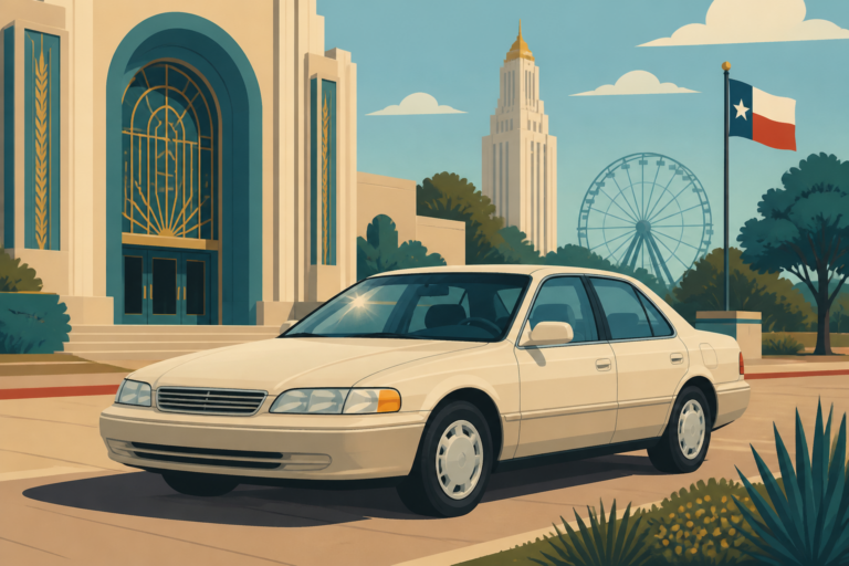 1990s beige family sedan parked near Fair Park-style Dallas architecture, illustrating a cheap 96 Camry windshield in Dallas.