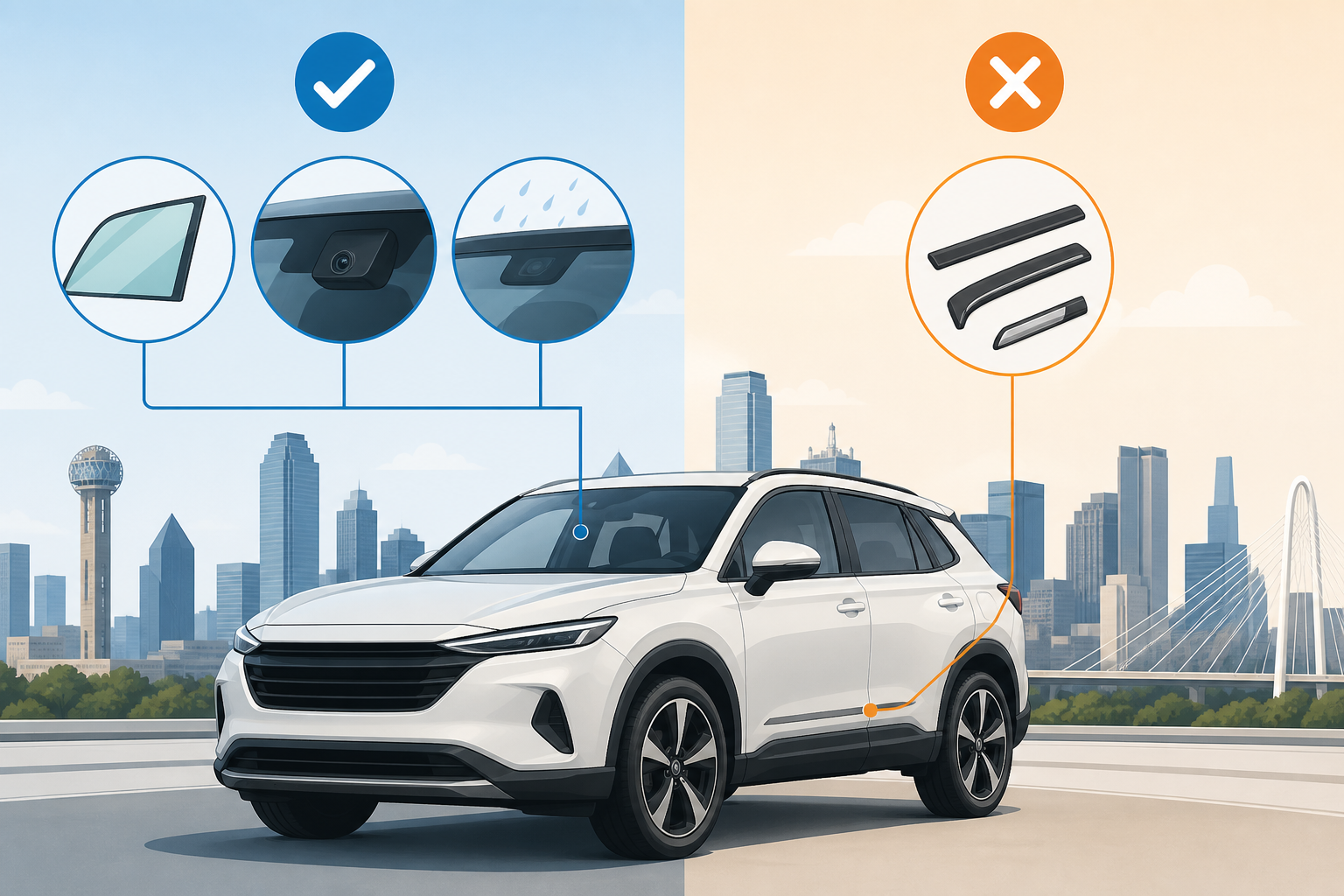 Dallas infographic of windshield replacement inclusions versus extras including ADAS camera, rain sensor, and moldings