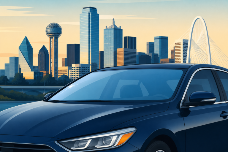Quality Dallas sedan with a clean new windshield and the Dallas skyline at golden hour