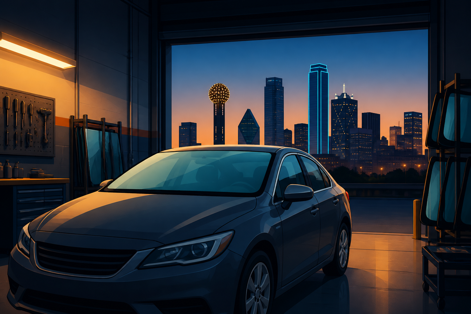 Illustrated auto windshield installed in a Dallas shop bay