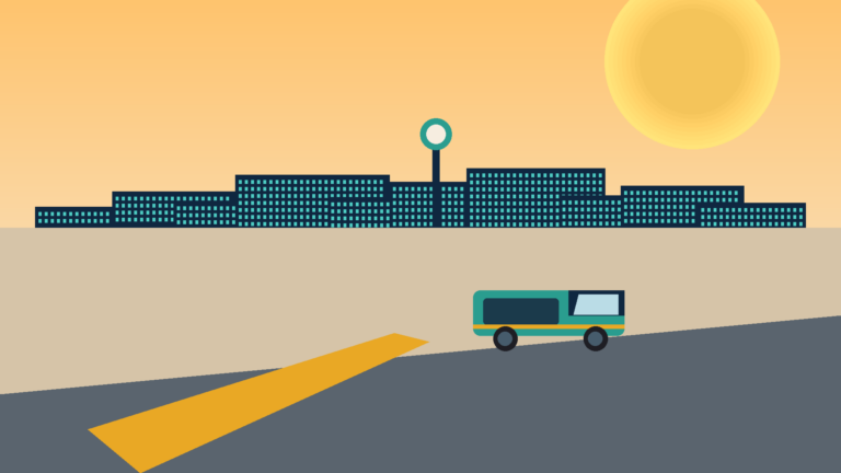 Illustrated Dallas skyline and mobile auto glass van for Autoglass Dallas