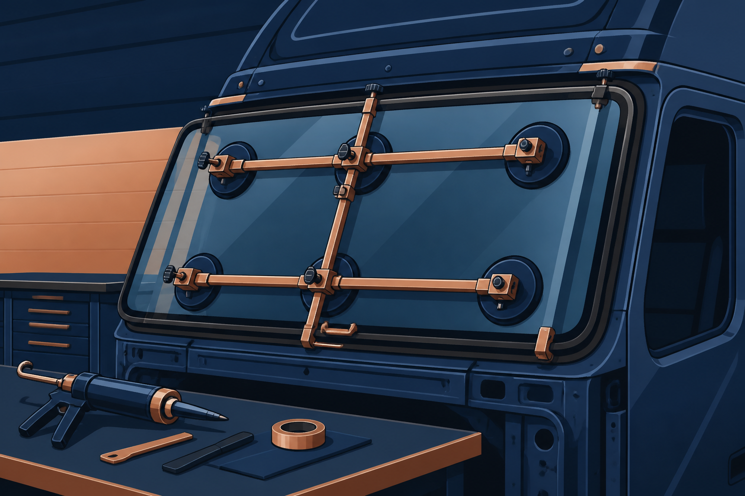 Close illustration of commercial truck windshield installation in Dallas