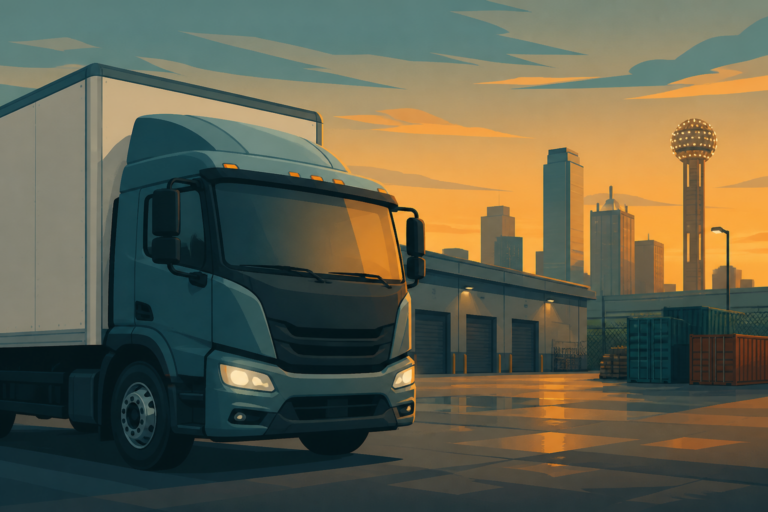 Illustrated Dallas big truck windshield replacement in an industrial yard