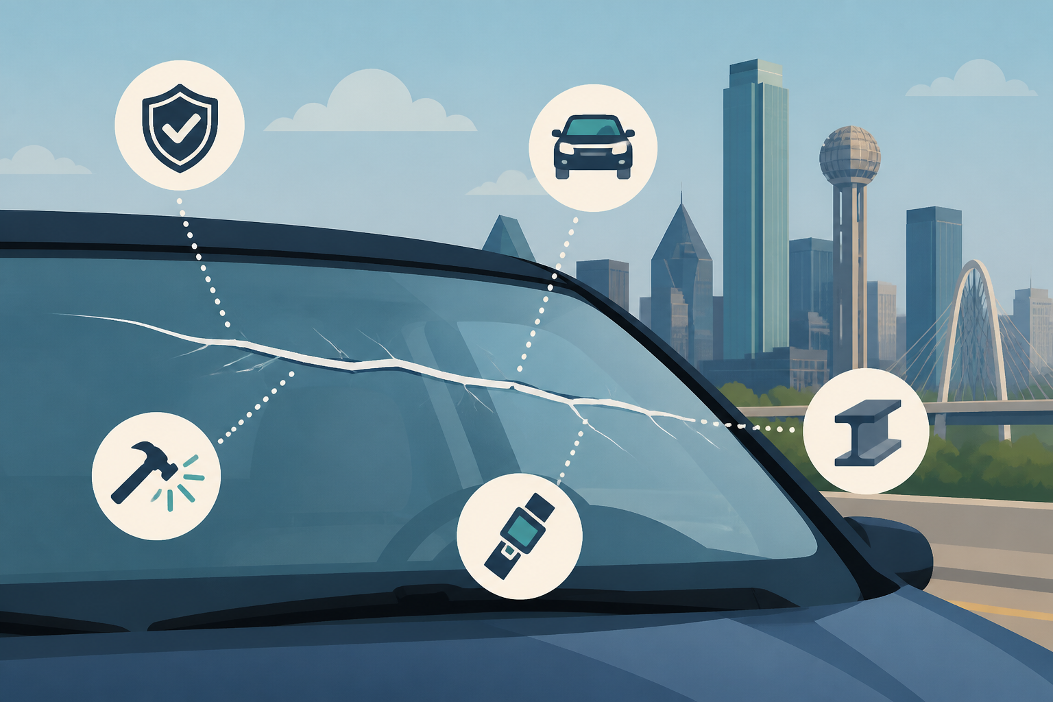 Dallas structural safety icons around a long windshield crack