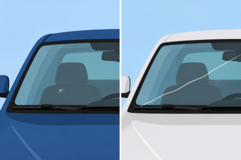 Two Dallas windshields: a small repairable chip versus a long must-replace crack