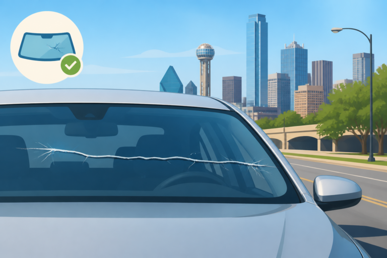 Long crack across a Dallas windshield on a sunny street