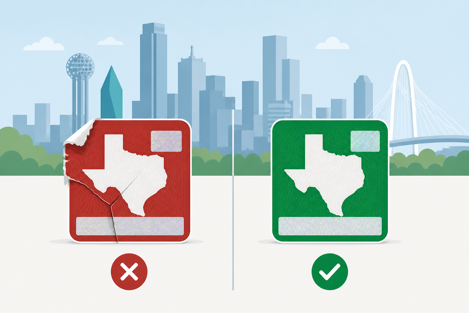 Dallas fail versus still-legal chip icons for Texas inspection