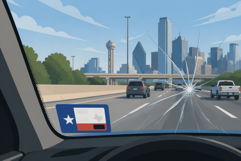 Texas inspection sticker plus a cracked windshield on a Dallas highway