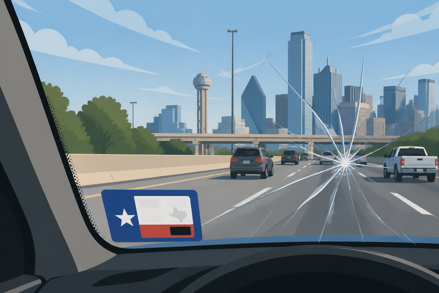 Texas inspection sticker plus a cracked windshield on a Dallas highway