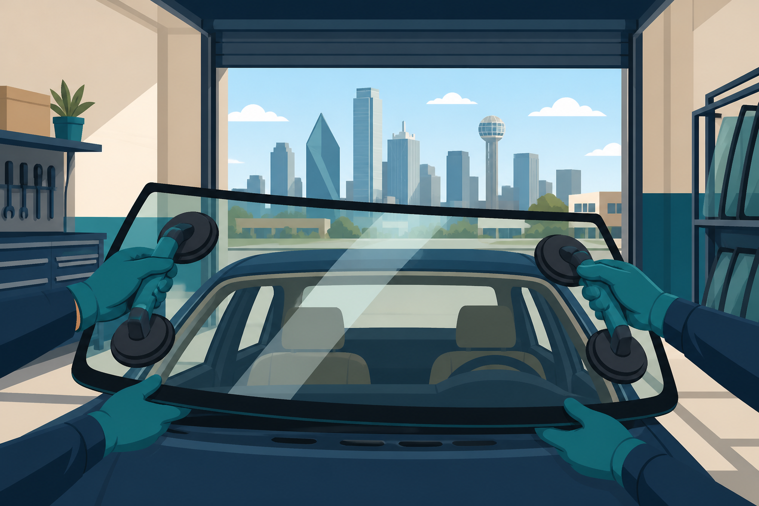 Dallas shop bay illustration of a windshield being set with suction cups, for cheap car windshield installation in Dallas.