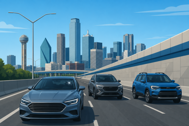 Illustrated Dallas commuter car windshield replacement on the highway