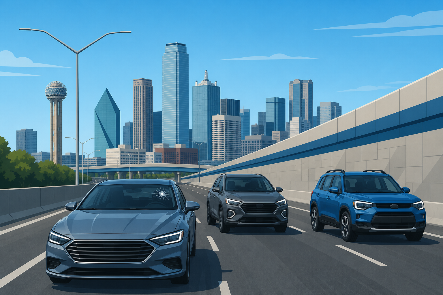 Illustrated Dallas commuter car windshield replacement on the highway