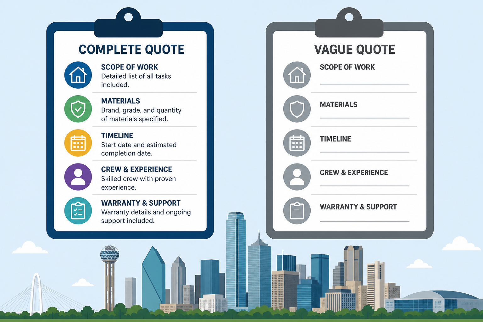 Two clipboards comparing a complete Dallas TX windshield replacement quote with a vague incomplete quote.