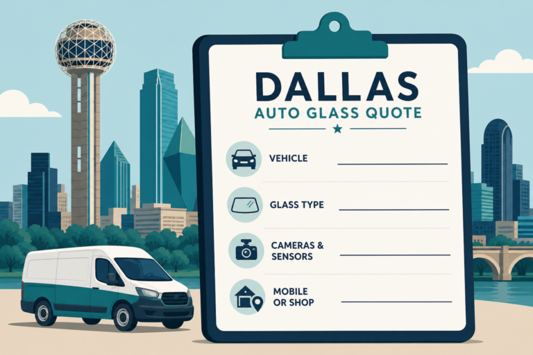 Dallas auto glass quote clipboard with blank line items for vehicle, glass type, cameras, and mobile versus shop, for car windshield replacement prices in Dallas TX.