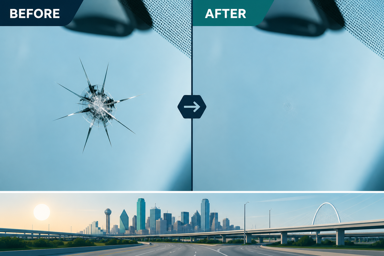 Before and after illustration of a Dallas windshield chip filled with resin, with the city skyline below.