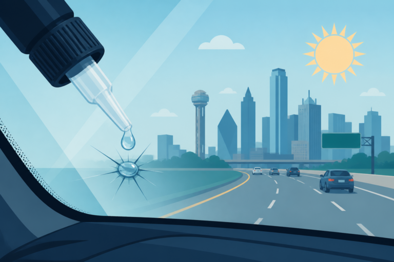 Close illustrated Dallas windshield with a stone chip and resin drop, for cheap windshield chip repair in Dallas.