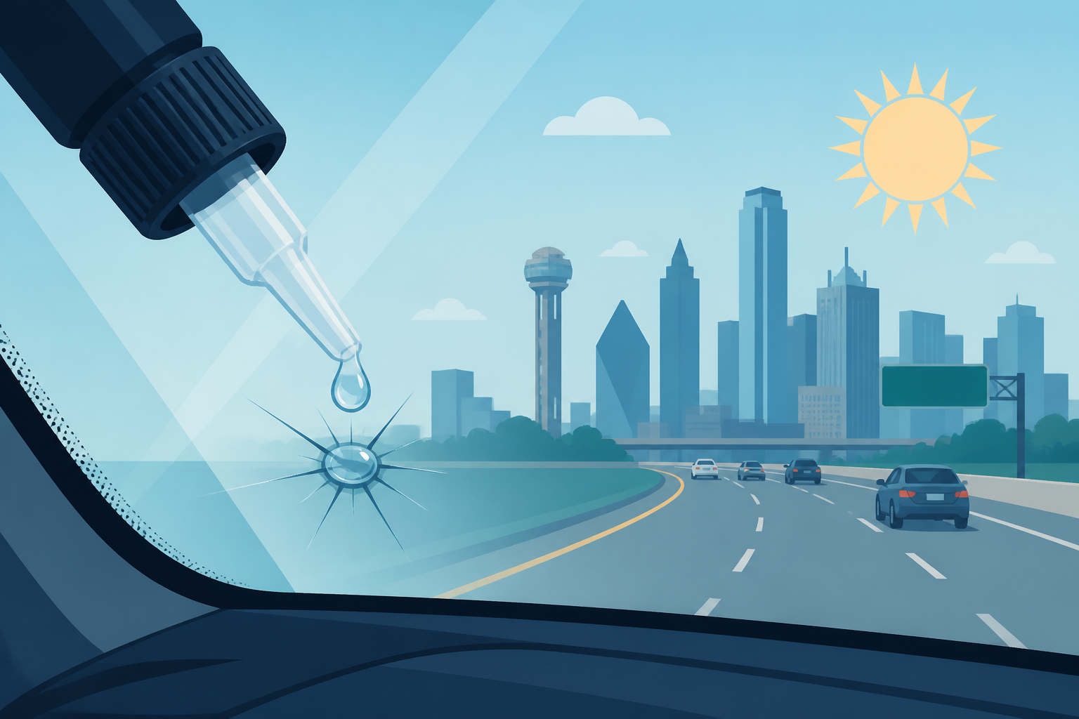 Close illustrated Dallas windshield with a stone chip and resin drop, for cheap windshield chip repair in Dallas.