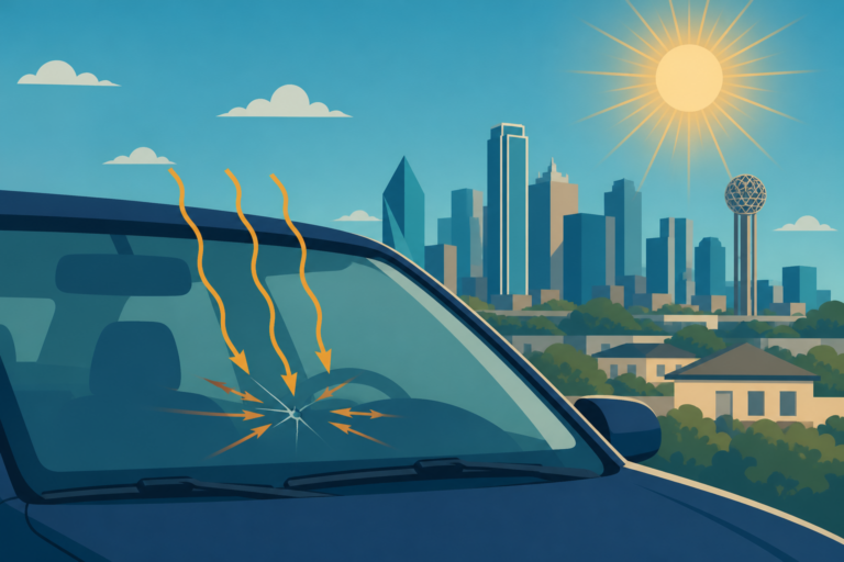 Illustrated Dallas windshield with a short crack and heat-spread arrows under a Texas sun, for cheap windshield crack repair in Dallas.