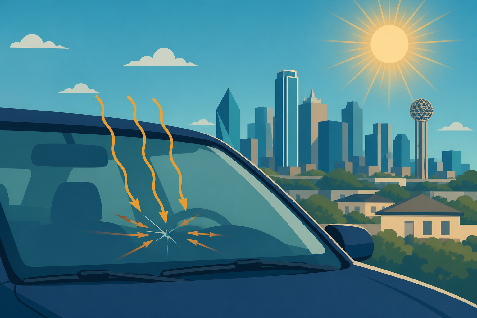 Illustrated Dallas windshield with a short crack and heat-spread arrows under a Texas sun, for cheap windshield crack repair in Dallas.