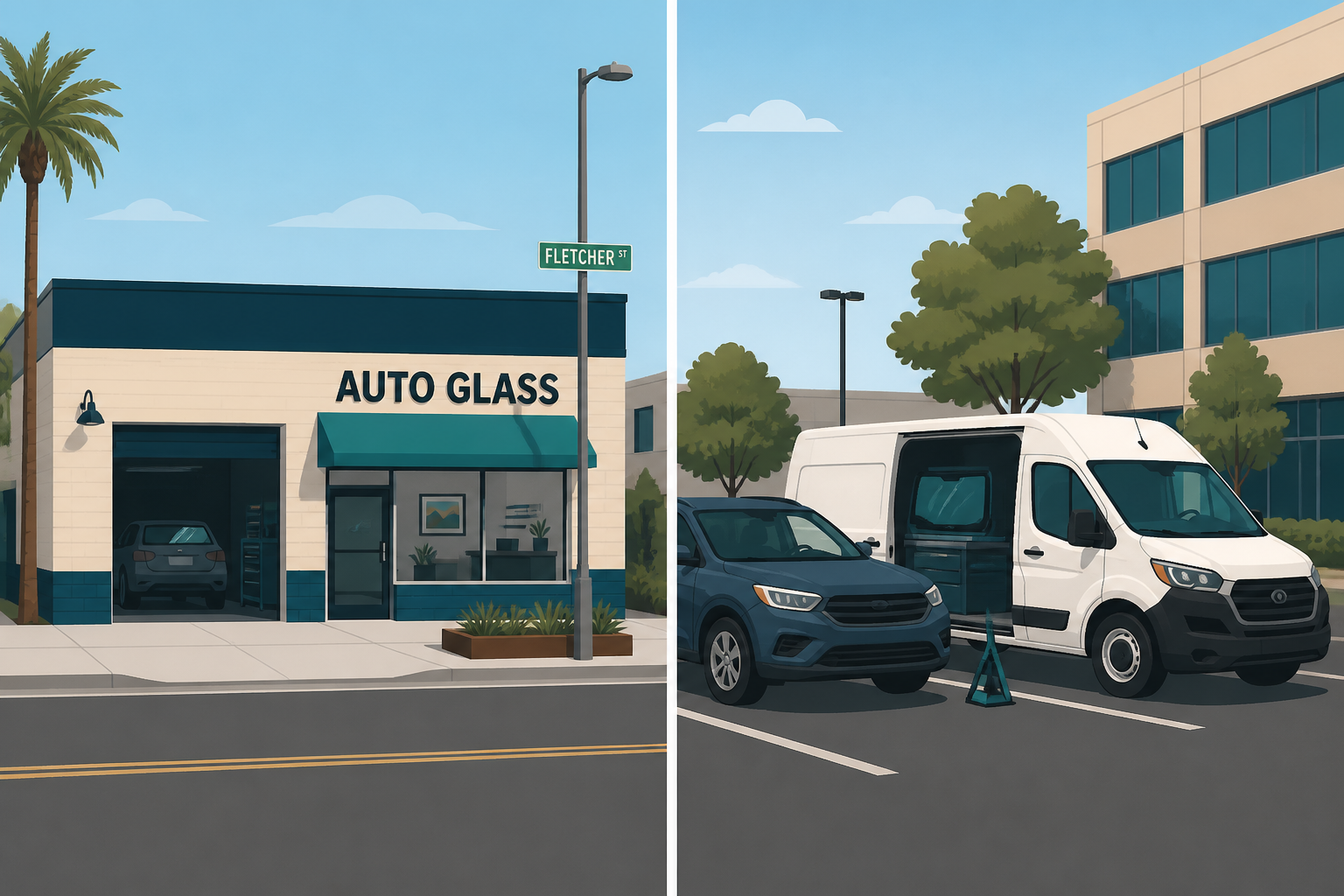 Two-panel Dallas illustration of a Fletcher Street auto glass shop and a mobile van at an office lot for cheap windshield repair.