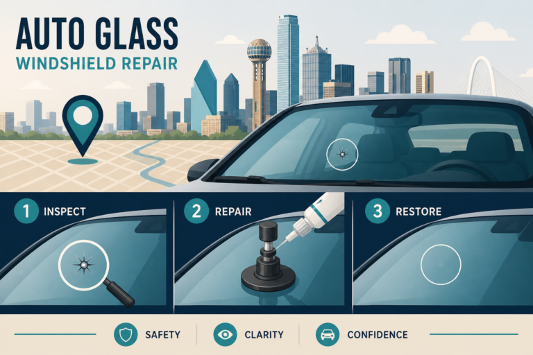 Three-step Dallas illustration of inspecting and repairing a windshield chip, for cheap windshield repair in Dallas.