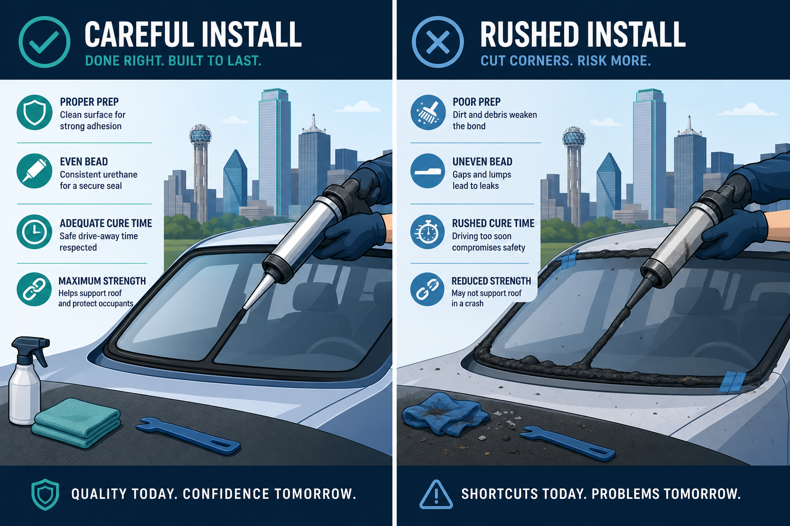 Two-panel Dallas illustration comparing a careful urethane windshield install with a rushed cheap install.