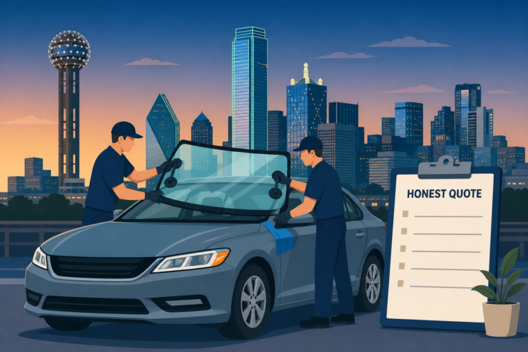 Illustrated Dallas skyline scene of a generic sedan getting a new windshield with an honest quote clipboard, for cheap windshield replacement in Dallas.