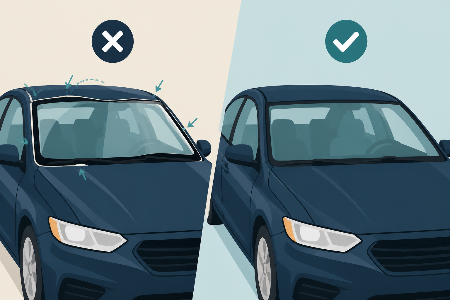 Comparison of a poorly fitted windshield versus a clean seated windshield on a generic sedan in Dallas TX.