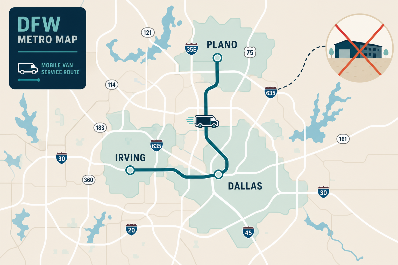 DFW metro map with a mobile van route through Dallas, Plano, and Irving for cheap windshield replacement in Dallas TX.