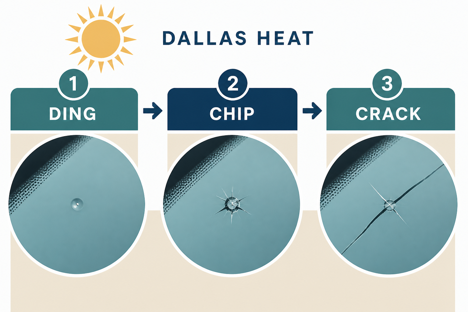 Dallas heat timeline showing a windshield ding becoming a chip and then a crack if it is left alone.