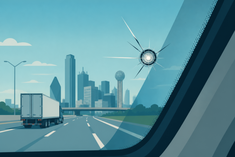 Close illustrated stone ding in a windshield with a Dallas highway and truck in the background, for cheap windshield ding repair in Dallas.