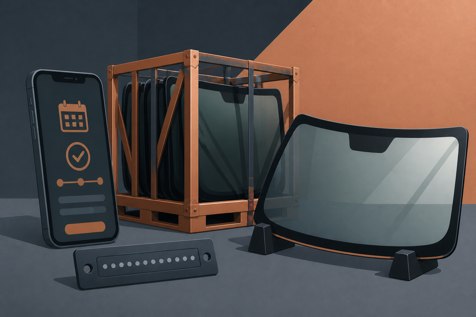 Illustrated same-day Dallas auto glass workflow still life