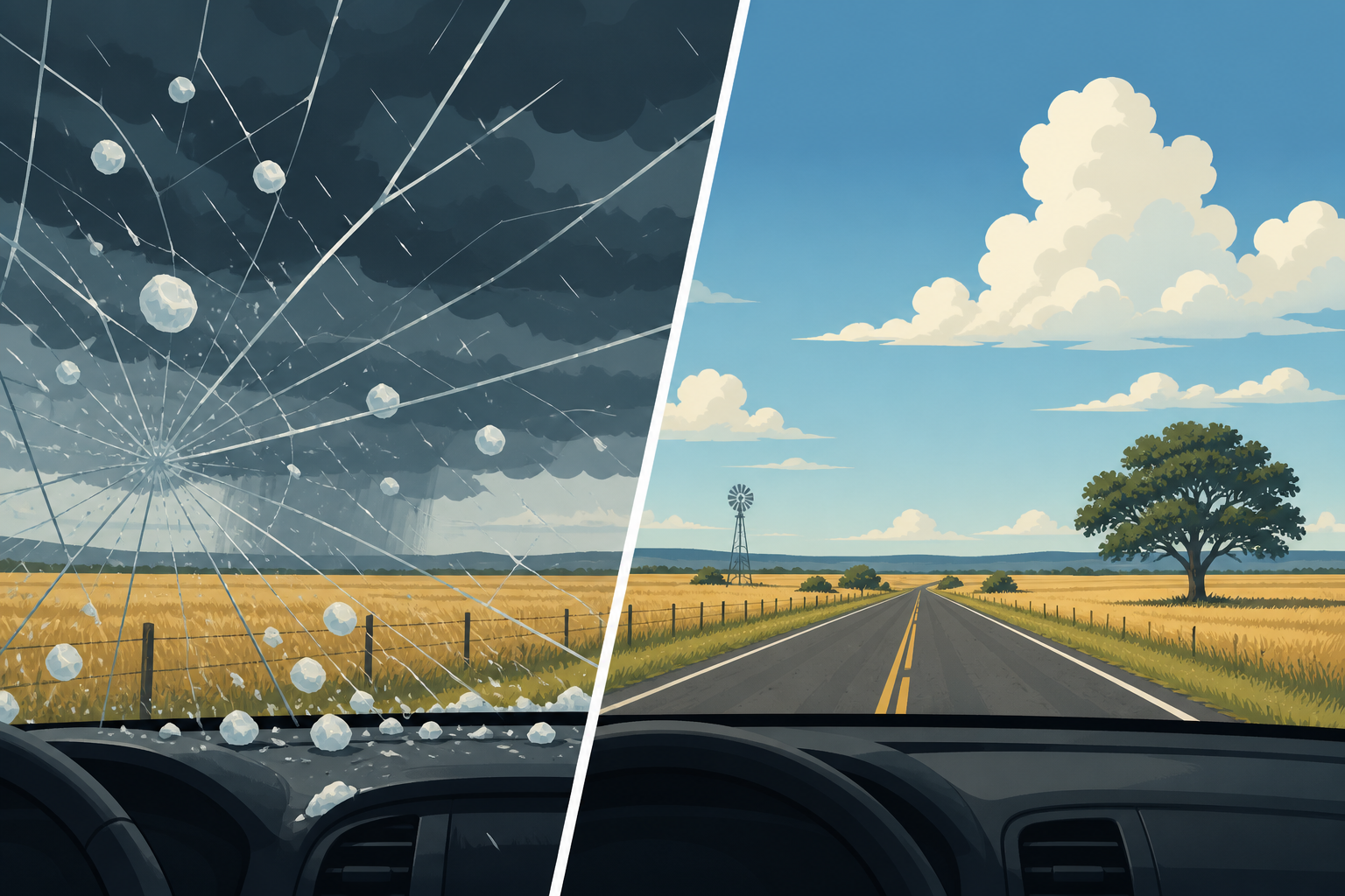 Illustrated Dallas hail damage versus a replaced windshield