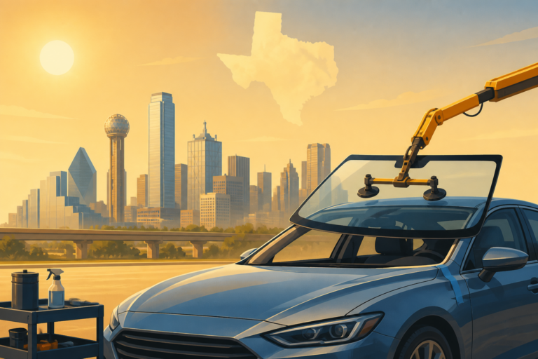 Illustrated Dallas Texas windshield replacement in summer heat