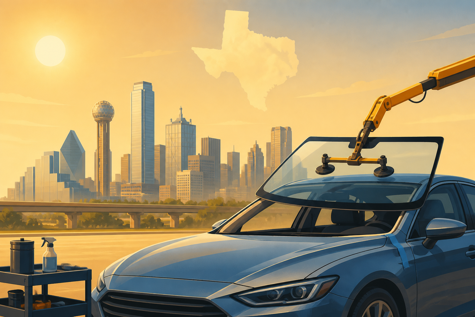 Illustrated Dallas Texas windshield replacement in summer heat
