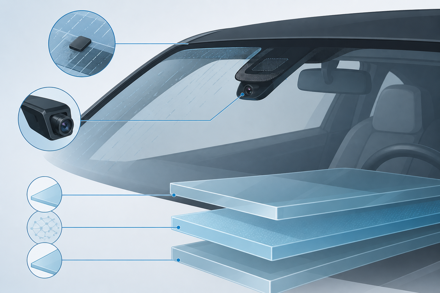 Illustrated laminated windshield layers and sensors for Dallas cars
