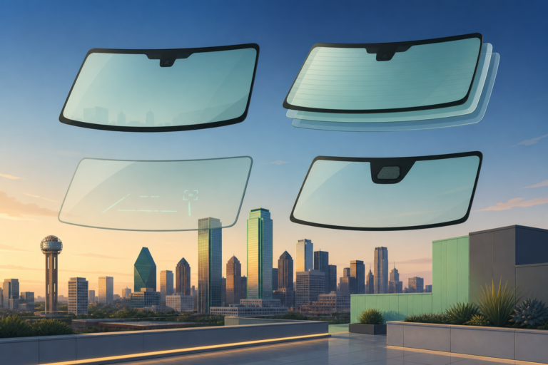 Illustrated types of Dallas windshields including acoustic and HUD glass