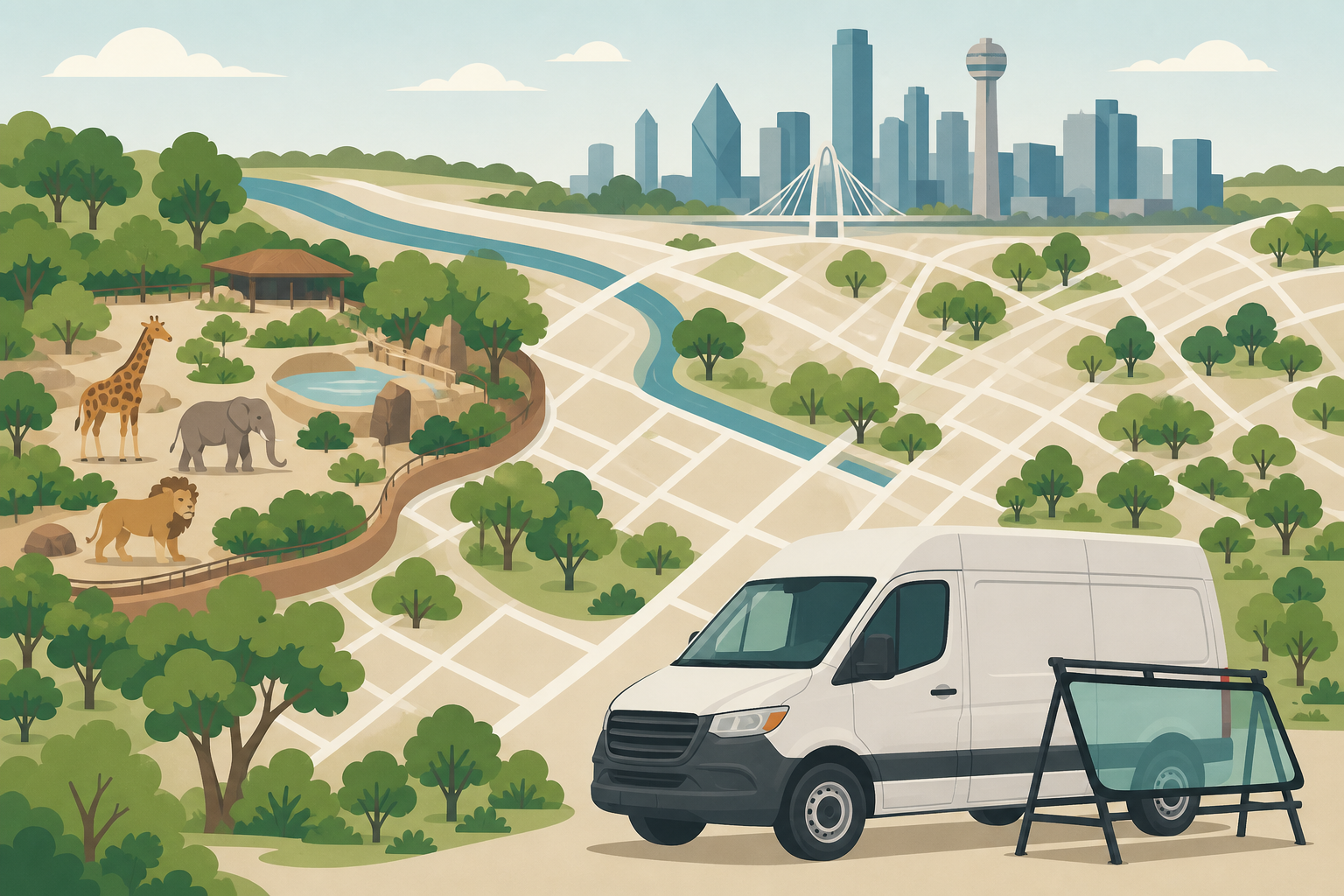 Map-style illustration of a mobile windshield van near the Dallas Zoo