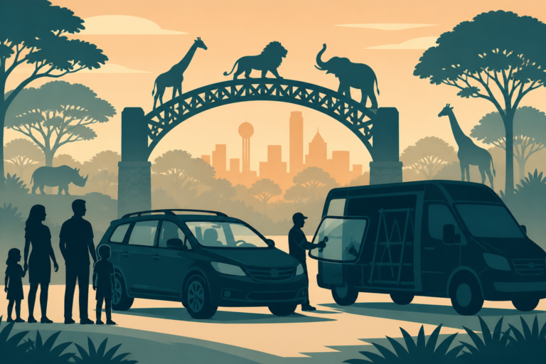 Stylized Dallas Zoo sunset scene with a family car and mobile auto glass van
