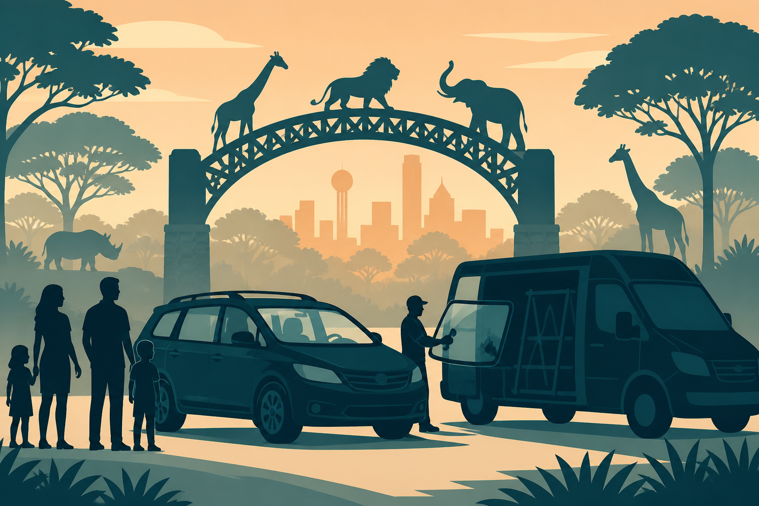 Stylized Dallas Zoo sunset scene with a family car, mobile auto glass van, and Dallas skyline