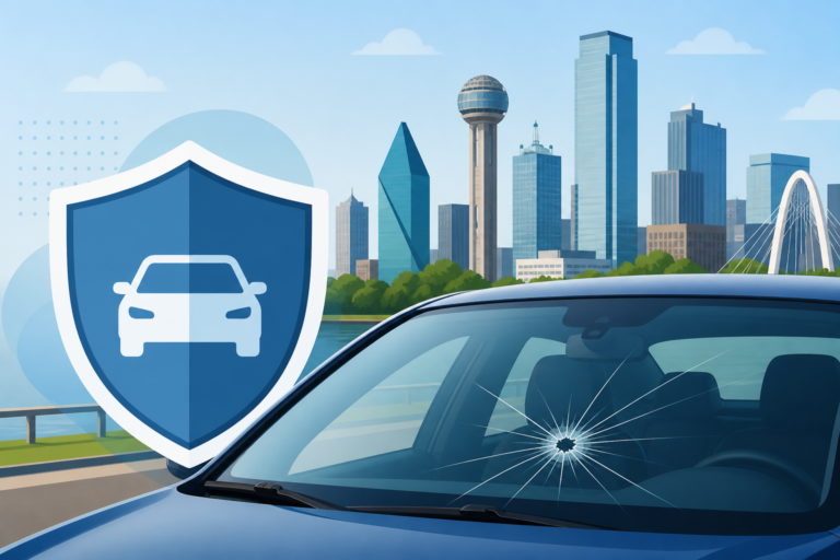 Generic insurance shield and a cracked windshield in Dallas