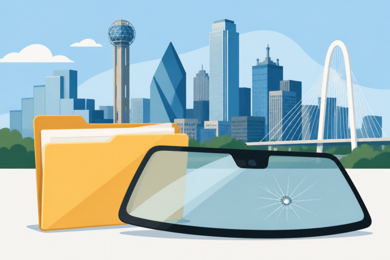 Generic insurance folder and a cracked windshield in Dallas