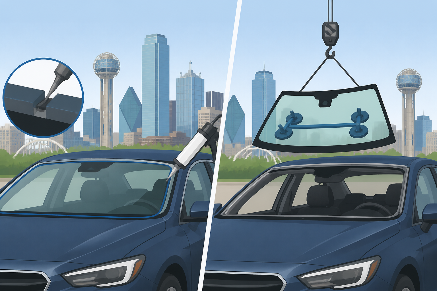 Dallas illustration of urethane reseal versus full windshield replacement