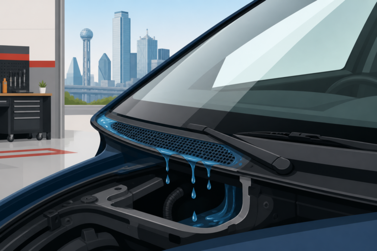 Dallas shop illustration of a windshield leak dripping at the cowl