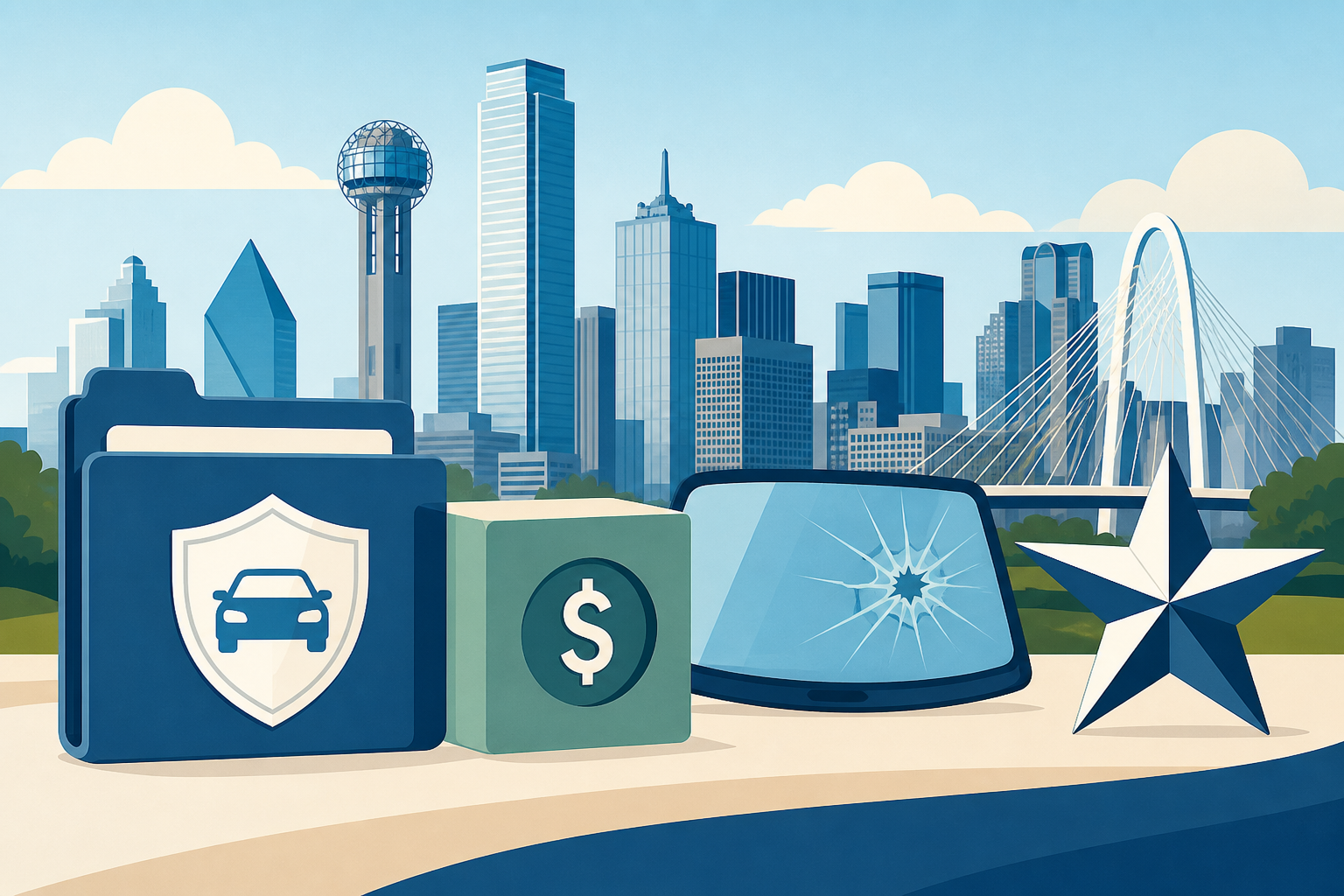 Dallas coverage icons for Texas windshield insurance, cost, a cracked windshield, and the Texas star