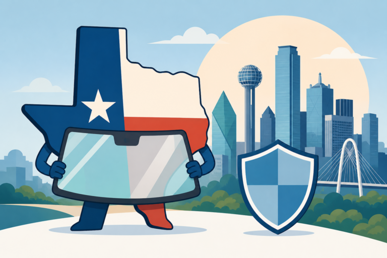 Illustrated Texas-shaped figure holding a windshield in front of the Dallas skyline with a generic insurance shield