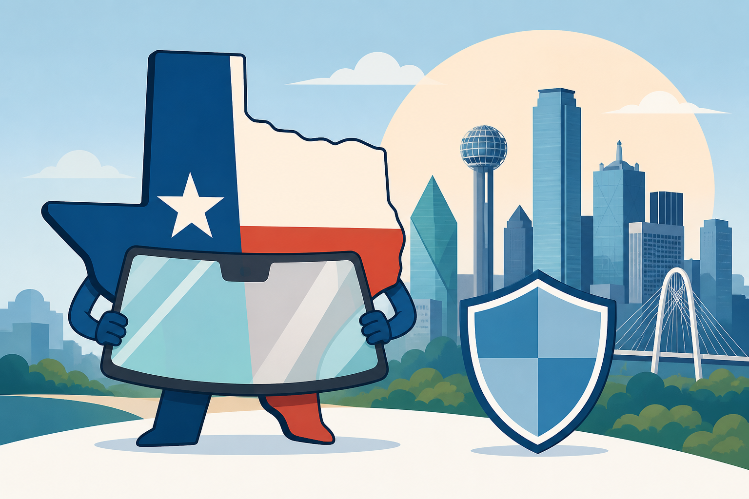 Illustrated Texas-shaped figure holding a windshield in front of the Dallas skyline with a generic insurance shield